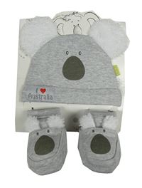 Nové - 2 set - šedá melírovaná čepice s Koalou + bavlněné capáčky 
