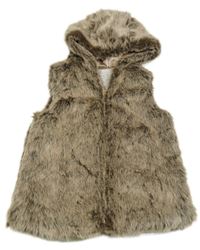 Hnědo-béžová kožešinová podšitá vesta s kapucí Tu