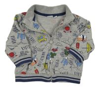 Šedá propínací mikina s obrázky 