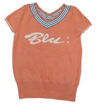 Oranžová pletená vesta s nápisem 