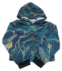 Zeleno-tmavomodro-žlutá vzorovaná crop mikina s kapucí 