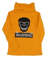 Pomerančové triko s lebkou z flitrů a rolákem Dopodopo