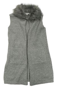 Šedý melírovaný úpletový cardigan s kožešinou Primark