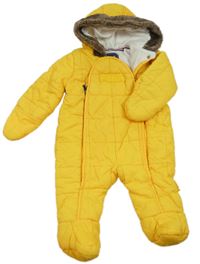 Žlutá šusťáková zimní kombinéza s kapucí s kožešinou Puffa 