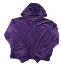Fialová plyšová propínací crop mikina s kapucí 