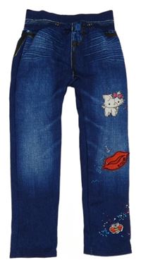 Tmavomodré legíny riflového vzhledu s kočičkou a rty 