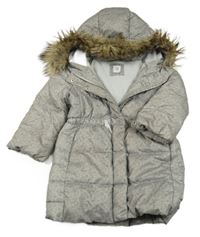 Béžová melírovaná šusťáková zimní bunda s hvězdami a kapucí s kožešinou GAP