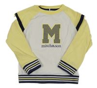 Bílo-žluto-modrá mikina s písmenem a logem Mitch&Son