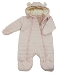 Světlerůžová šusťáková prošívaná zimní kombinéza s kapucí s oušky 