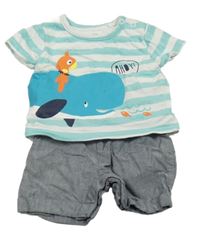 Světlemodro-bílý pruhovaný overal s velrybou a našitým tričkem Topomini