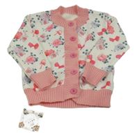 Nové- Bílo-růžová propínací pletená mikina s kytičkami