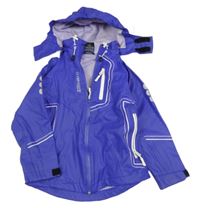 Fialovomodrá nepromokavá jarní bunda s nápisem a kapucí 