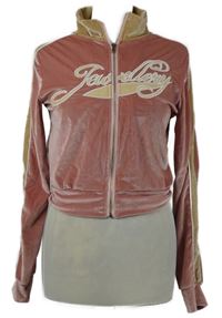 Dámská růžovo-béžová sametová propínací crop mikina s nápisem 