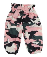 Tmavozeleno-růžovo-černé army lehké kalhoty s mašlí 