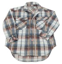 Bílo-modro-starorůžová kostkovaná košilová flaušová bunda DESTINATION