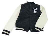 Tmavomodro-smetanový šusťákovo/koženkový zateplený bomber s písmenkem PRIMARK