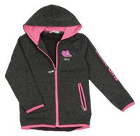 Černo-šedá melírovaná propínací mikina se srdíčky a kapucí 