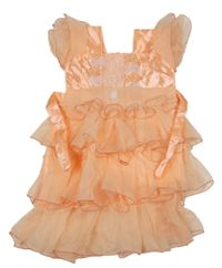 Neonově lososové saténovo/tylové slavnostní šaty s volánky 