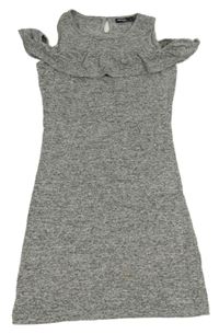 Šedé melírované svetrové šaty s volnými rameny a volánky Pepperts