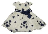 Bílo-tmavomodré květované tylové slavnostní šaty s mašlí 