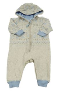 Béžovo-modrá tepláková kombinéza s medvídky a kapucí Next