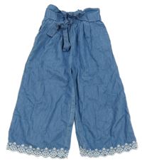 Světlemodré culottes kalhoty riflového vzhledu s výšivkou a mašlí En Fant 