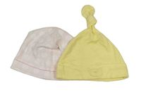 2x - Čepice - Bílo/růžová puntíkatá, žlutá s medvídkem Little Bundle