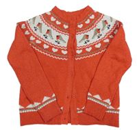 Červeno-bílý melírovaný propínací svetr se vzorem a ptáčky a srdíčky Matalan