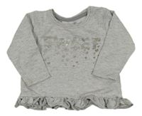 Světlešedá melírovaná mikina s nápisem a srdíčky a volánkem Ergee