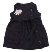 Tmavomodro/vínové kostkované vlněné propínací šaty s jednorožcem a páskem 