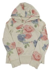 Světlebéžová melírovaná mikina s růžemi a kapsou a kapucí H&M