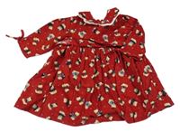 Červené manšestrové šaty s medvídky a límečky a páskem