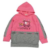 Křiklavě růžovo-šedá/melírovaná mikina s nápisy a srdíčkem z překlápěcích flitrů a kapucí 