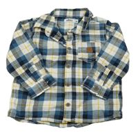 Tmavomodro-petrolejovo-bílo-okrová kostkovaná vzorovaná košile GÉMO