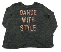 Tmavošedo-černé melírované úpletové mikinotriko s nápisy z flitrů a šněrováním C&A