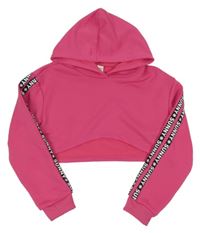 Tmavorůžová crop mikina s pruhy s nápisy a sluníčky a kapucí SHEIN