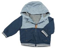 Tmavomodro-světlemodrošedý šusťákový jarní bomber s pruhy a kapucí Nutmeg