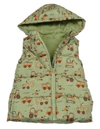 Olivová prošívaná šusťáková zateplená vesta se stavebními stroji a kapucí St. Bernard
