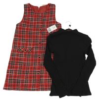 Nové - červeno-černo-bílo-zlaté kostkované teplé šaty s knoflíky + černý žebrovaný rolák Matalan