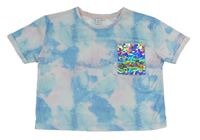 Světlemodro-růžové batikované crop tričko s kapsou z pajetek Primark 