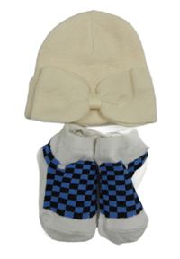 2set - Smetanová čepice s mašlí + modro-černo-bílé kostkované ponožky