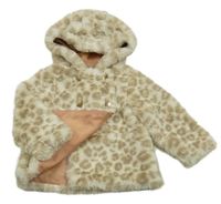 Smetanovo-béžová kožešinová podšitá bunda s leopardím vzorem a kapucí