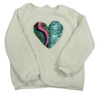 Smetanová chlupatá mikina se srdcem z překlápěcích flitrů H&M