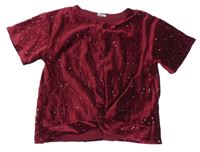 Vínové žebrované sametové tričko s flitry Zara