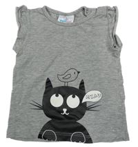 Šedé melírované tričko s kočkou a ptáčkem Topomini