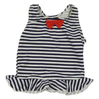 Tmavomodro-bílý pruhovaný plavkový top s mašlí