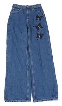 Modré široké high waist rifle s motýly z flitrů H&M