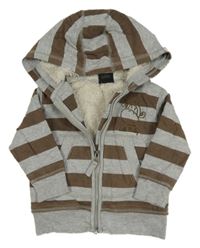 Šedo-hnědá pruhovaná propínací zateplená mikina s opicí a kapucí Next