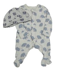 2 set - bílo-modrý overal se slony + bílo-šedá pruhovaná čepice se slony 
