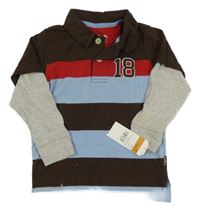 Nové - Hnědo-modro-červené pruhované polo triko OshKosh